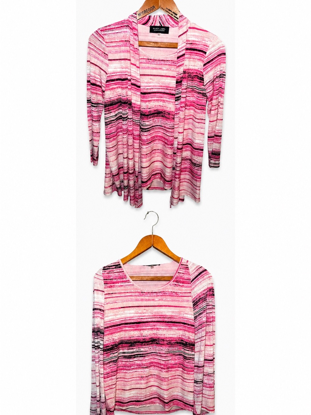 Black Label Evan Picone 2 in 1 Top Cardigan & Blouse Small Pink Black Stripes